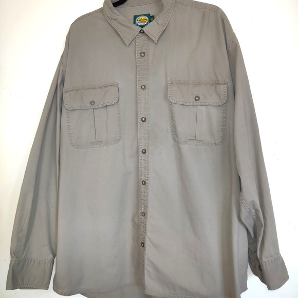 Cabela's Men's Shirt 2XL TALL Outdoor Gear Tan Camel Elbow Patches Work Wear - Picture 3 of 16